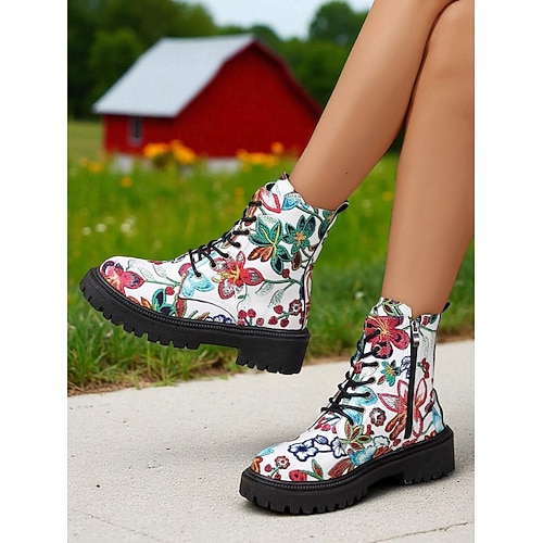 Schwarze Springerstiefel für Damen mit Blumenmuster – seitlicher Reißverschluss zum Schnüren, dicke Profilsohle, stylisches Schuhwerk für die Freizeit und das Festival Image