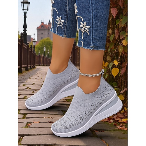 Pinke Flyknit-Slip-On-Sneaker mit Strasssteinen für Damen – atmungsaktive, leichte Keilschuhe zum Spazierengehen, für Fitness und den lässigen Alltag Image
