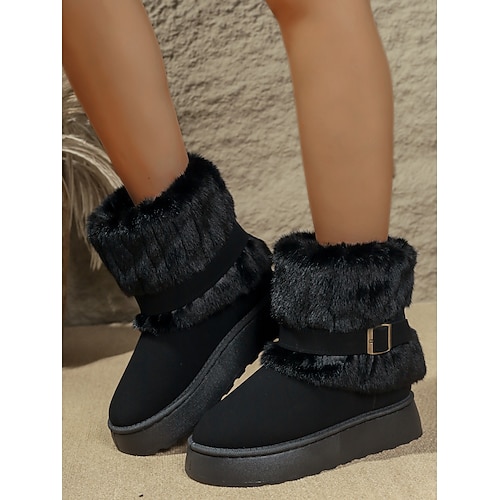 Cremefarbene, pelzgefütterte, flache Winterstiefel für Damen – gemütliche Schneestiefel mit Schnallenriemen und rutschfester Sohle für kaltes Wetter Image