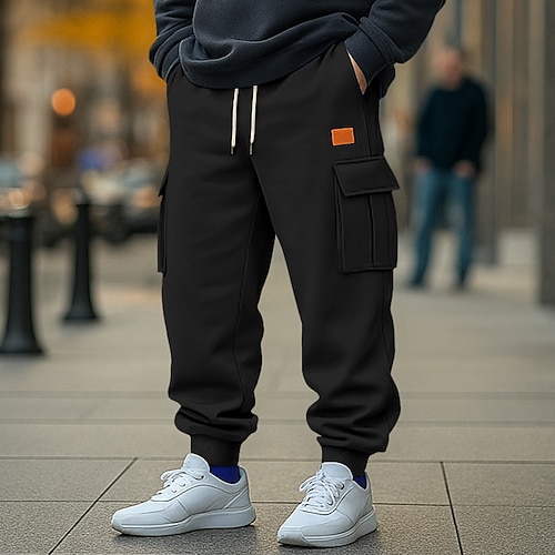 Herren Jogginghose Fleecehose Hose Cargo-Jogginghose Kordelzug Elastischer Bund Mehrere Taschen Einfach Feuchtigkeitsableitend Atmungsaktiv Volle Länge Outdoor Lässig Täglich Mode Streetwear Schwarz Image