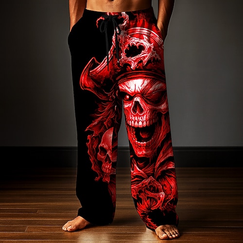 Herren Hose Baggy-Hosen Freizeithose Elastischer Kordelzug in der Taille Leinenähnliche Hose mit Taschen Schädel Seeräuber Volle Länge Ferien Dark Punk Gothic Weiß Rote Unelastisch Image