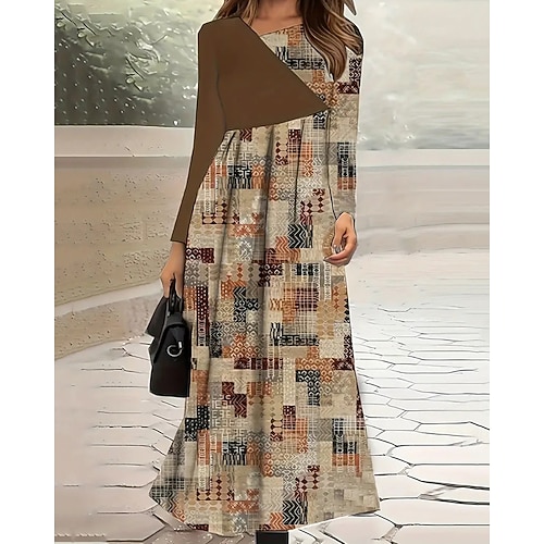 Per donna Abito Lungo Maxi Abito Vestito Casual Abito Stampato Moda Moderno Quotidiano Data Weekend Vestibilità regolare Geometrico Manica Lunga Scollo a V Marrone Primavera Autunno