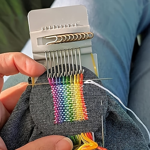 Handwebstuhl – tragbares Wandteppich-Reparaturwerkzeug für Kleidung Jeans, hellgrau Image