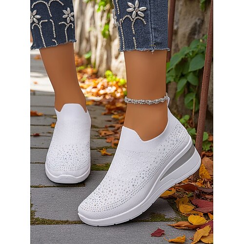 Pinke Flyknit-Slip-On-Sneaker mit Strasssteinen für Damen – atmungsaktive, leichte Keilschuhe zum Spazierengehen, für Fitness und den lässigen Alltag Image