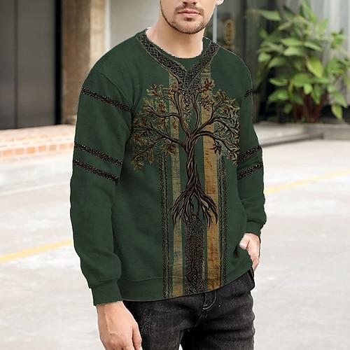 Herren Sweatshirt Grün Khaki Rundhalsausschnitt Baum des Lebens Yggdrasil Keltischer Knoten Druck Lässig Täglich Ferien Vintage Vikinger Herbst Winter Bekleidung Kapuzenpullover Sweatshirts