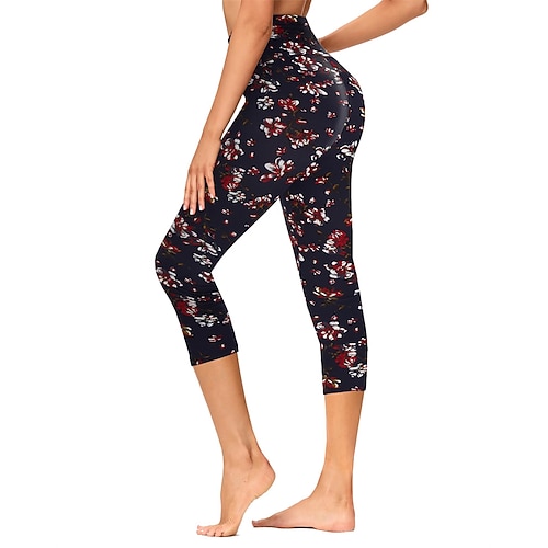 Damen Capri Leggings Yoga-Leggings Bauchkontrolle Fitnessstudio sportlich Laufen Unterteile Blumendruck Schwarz Braun Rosenrot Herbst Sport Sportkleidung Dehnbar Schlank Image