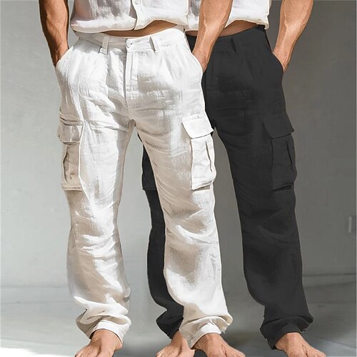 Herren Cargohose Leinenhosen Sommerhose Freizeithose Mehrere Taschen Gerader Schnitt Mehrfachpackung Einfach Komfort Atmungsaktiv Volle Länge Outdoor Täglich Ausgehen Mode Streetwear Weiß Khaki Image