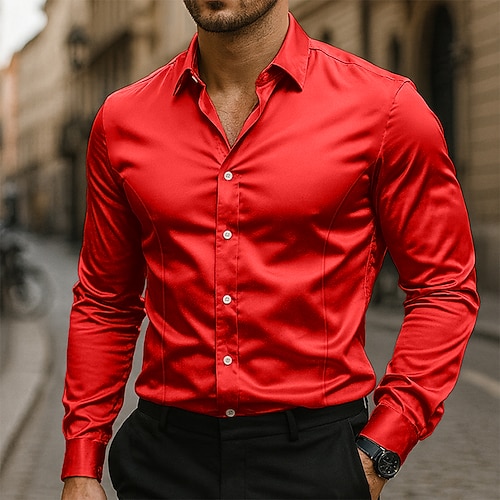 Herren Hemd Seidenartig Satinhemd Kleidhemd Freizeithemd Knopfhemd Einfach Formell Geschäft Schwarz Weiß Gelb Rosa Langarm Revers Frühling Herbst Ganzjahres Bekleidung Image
