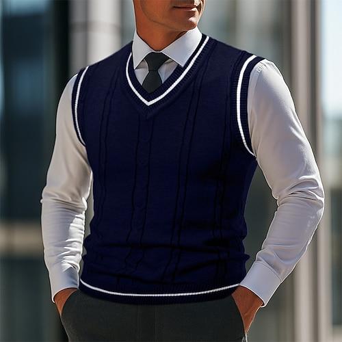Herren Pullover Pullunder Weste Gerippt Stricken Normale Oberteile Gestrickt Schmale Passform Einfach V Ausschnitt Strickware Zeitgenössisch Lässig Alltagskleidung Bekleidung Herbst Schwarz Weiß L XL