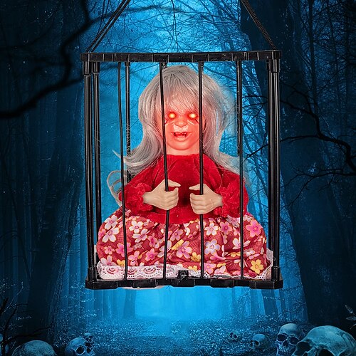 gruselige Käfig-Halloween-Puppe, Spukhaus-Requisite mit schreiender Stimme, Albtraum-Kreatur