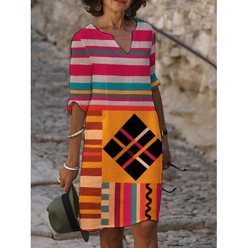 Damen Midikleid Freizeitkleid Druckkleid Vintage Täglich Strand Wochenende Normale Passform Geometrisch Farbblock Dreiviertelarm Rundhalsausschnitt Gelb Purpur Fuchsie Orange Sommer Frühling Herbst Image