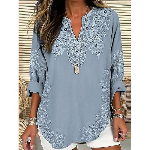 Damen Bluse Blumen Grafik Elegant Bohemien Vintage Langarm V Ausschnitt Normale Oberteile Täglich Ferien Strandbekleidung Gerafft Bestickt Druck Rosa Blau Frühling Herbst