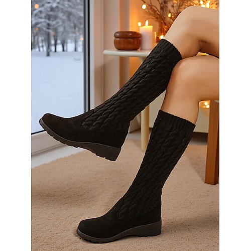 Schwarze, mittelhohe Winterstiefel aus Strick für Damen – warme Schlupfstiefel mit Keilabsatz für kaltes Wetter und lässige Outfits Image