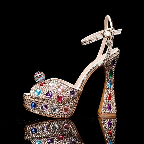 Bunte Plateausandalen mit Strasssteinen für Damen – glitzernde, mit Kristallen verzierte High Heels mit Knöchelriemen und dicker Sohle für Hochzeiten, Abschlussbälle und Partys Image