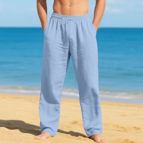 Herren Leinenhosen Hose Sommerhose Strandhose Kordelzug Elastischer Bund Gerader Schnitt Einfach Komfort Atmungsaktiv Volle Länge Lässig Täglich Ferien Urlaub Mode Schwarz Weiß Image