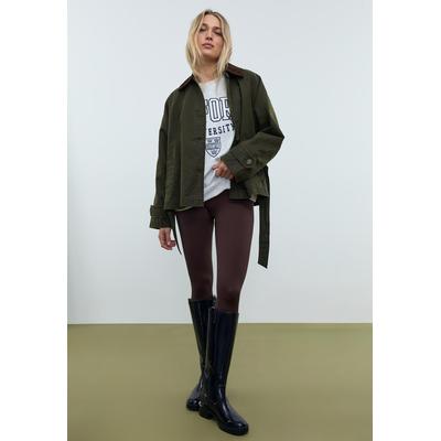 Stradivarius Short waxed trench coat with belt Khaki XS