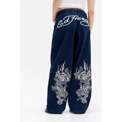 Ed Hardy UO Exclusive Embroidered Wide Leg Trousers - Navy S at Urban Outfitters