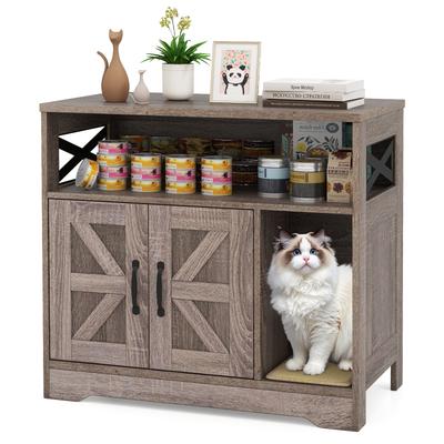 Gymax Cat Litter Box Enclosure w/ Storage Double Doors Sisal