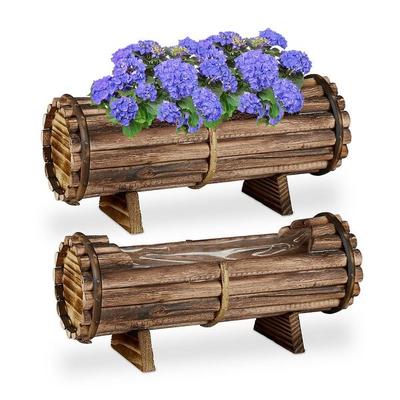 relaxdays 2er-Set Holz-Blumenkästen Fass-Design Image