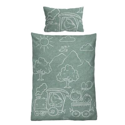 biberna Melange-Flanell Bettwäsche Lokomotive fichte, 100x135 cm + 40x60 cm Image