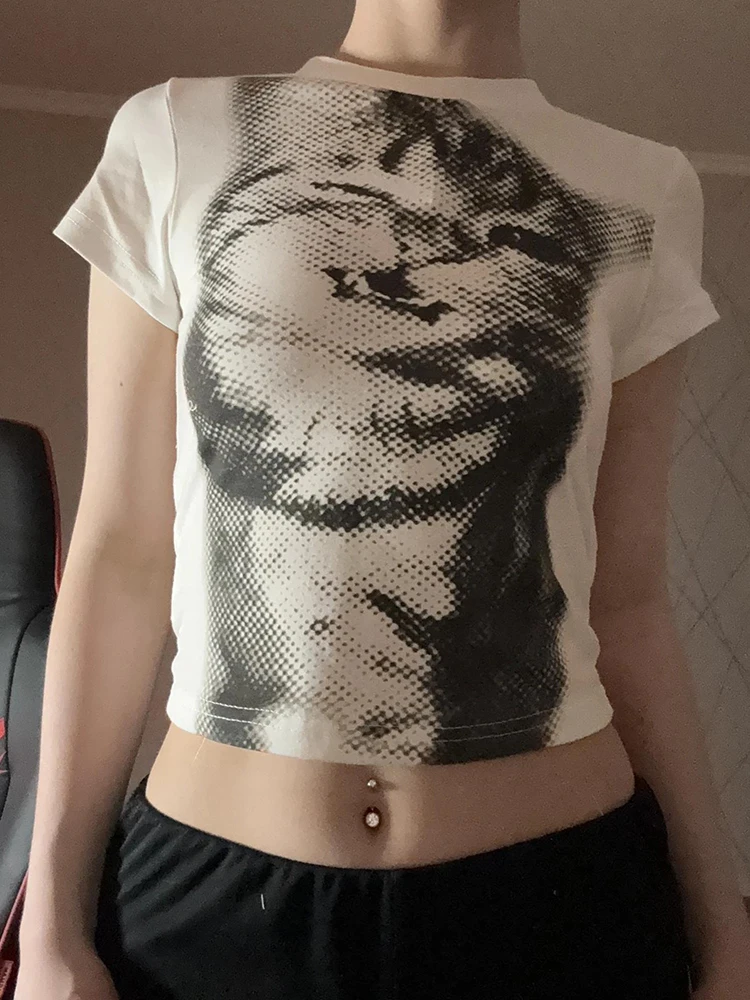 Harajuku Animal Print Crop Top Basic Weiß Kurzarm Crewneck T-shirt Frauen Casual Schlank anliegende Tees Dame y2k Vintage