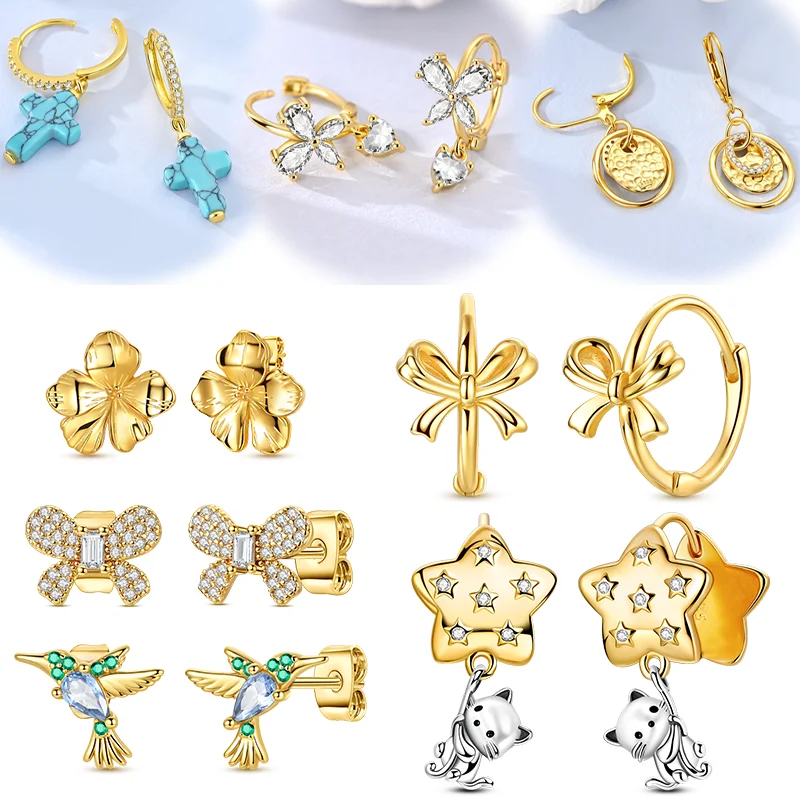 Gold-Serie Ohrringe aus 925er-Sterlingsilber, klassische Blumenschleife, Kreuz, Schmetterling, Creolen für Frauen und Mädchen, Schmuck, Geschenke Image