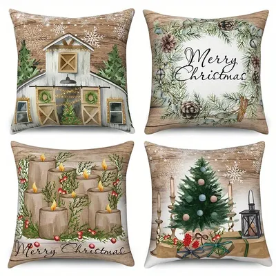 Home Decor Weihnachts-Themen-Kissenbezüge mit Scheunen- und Baummuster, Muster-Kissenbezug, geeignet für Sofa, Schlafzimmer, Auto-Kissenbezug Image