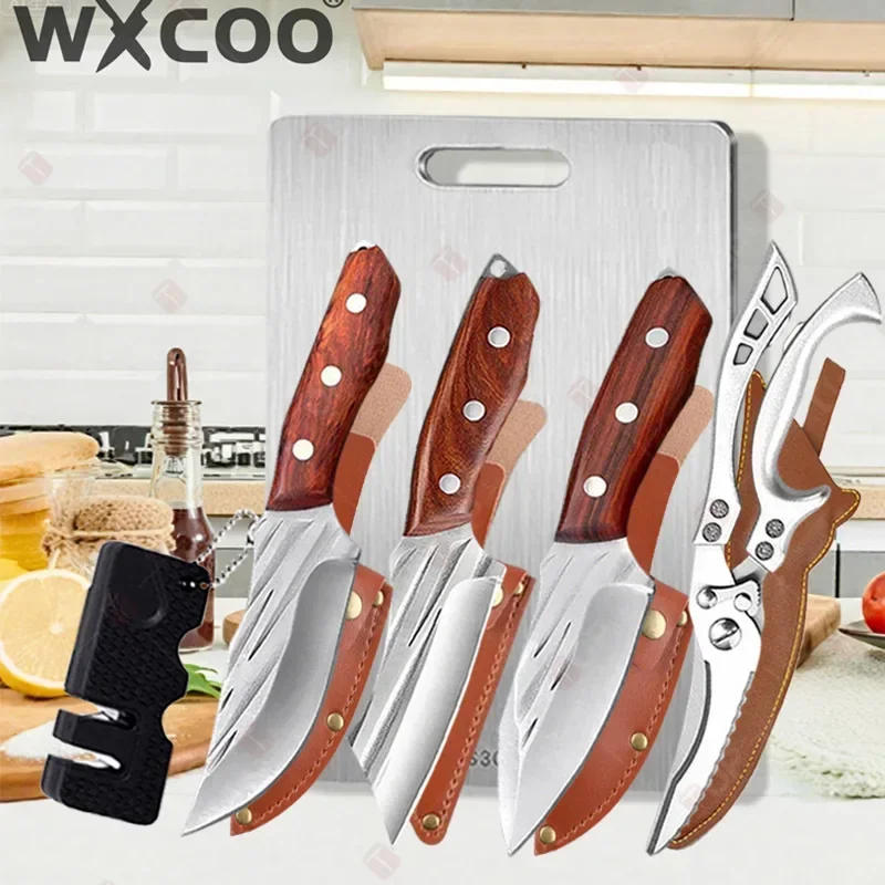 WXCOO Handgeschmiedeter Ausbisschneider für die Küche, scharfes Messer, Metzgermesser-Set, Edelstahl-Schneidebrett, Grillmesser, Holzgriff Image