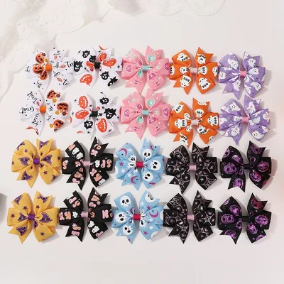 20 Stück Bonbonfarbene Kürbis-Skelett-Druck-Haarspangen für Kinder, Halloween, Festival, Party, seitlicher Bogen, Zubehör für Mädchen Image