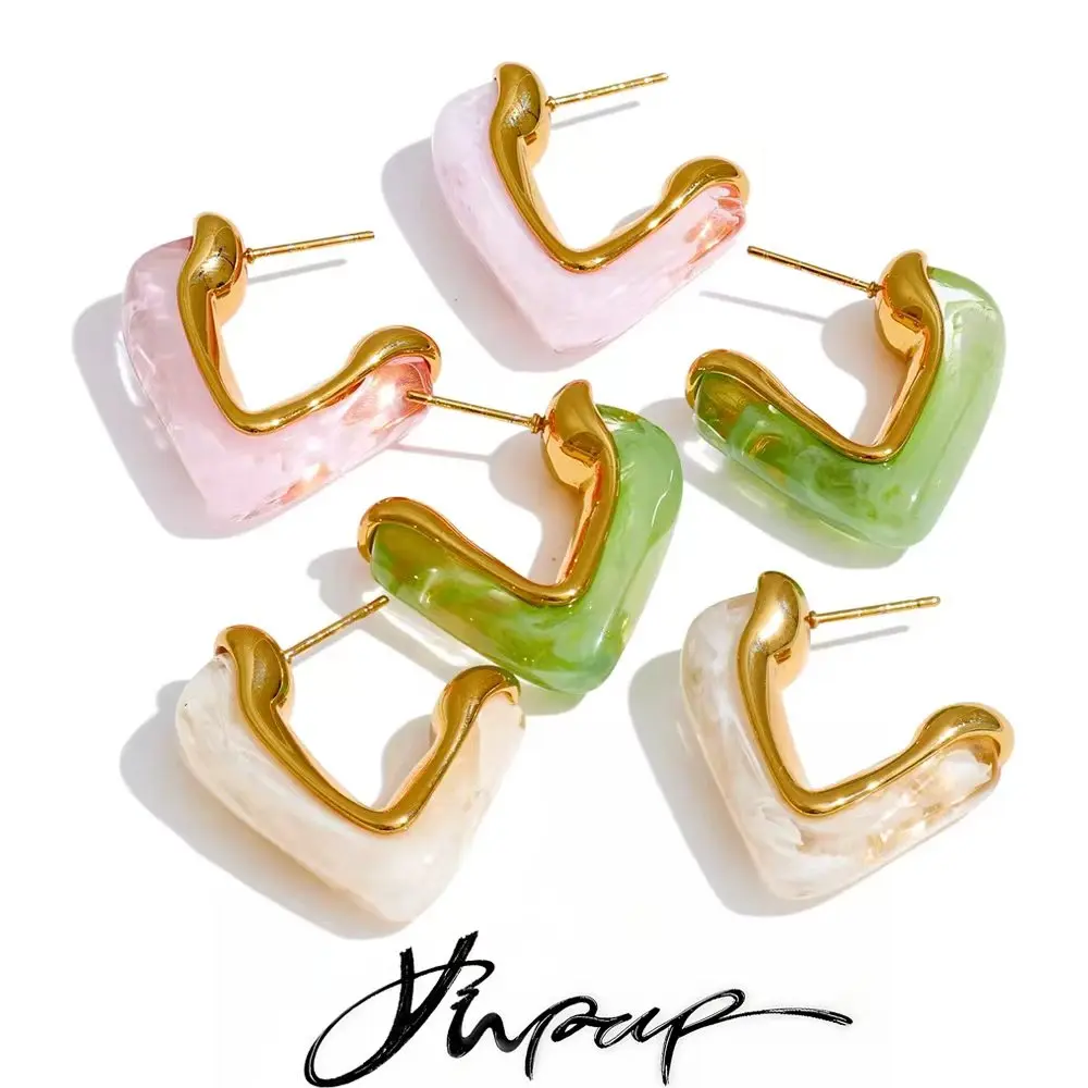 Yhpup Harz-Acryl-C-Form, süße Huggie-Ohrringe für Damen, Edelstahl, beliebt, vielseitiger Schmuck, Geschenk, Weiß, Rosa, Grün