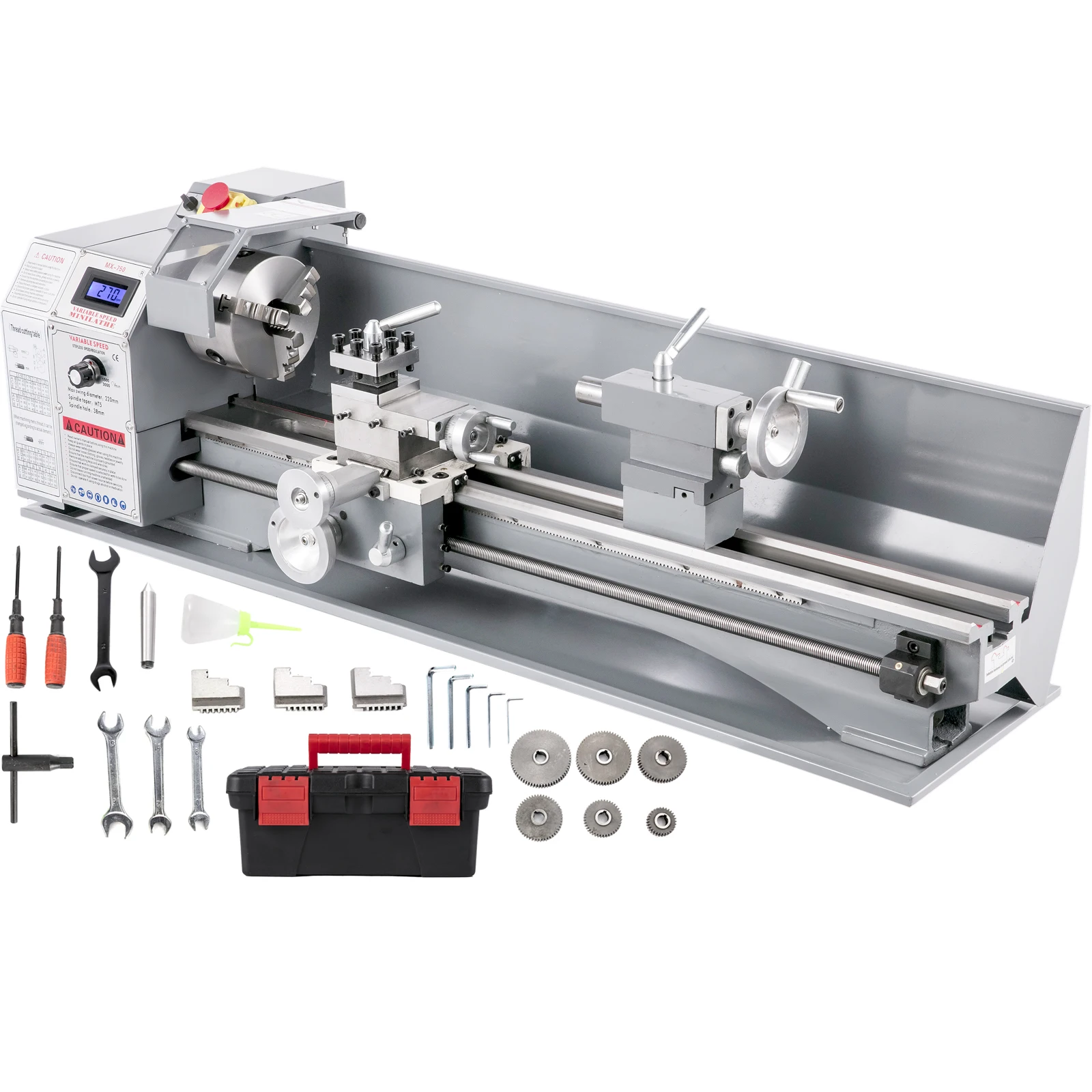 SucceBuy Mini Tornio per Metallo 8,7x29,5 pollici / 220x750MM 1100W LED a Velocità Infinitamente Variabile per Trapano da Tornitura a Contrasto