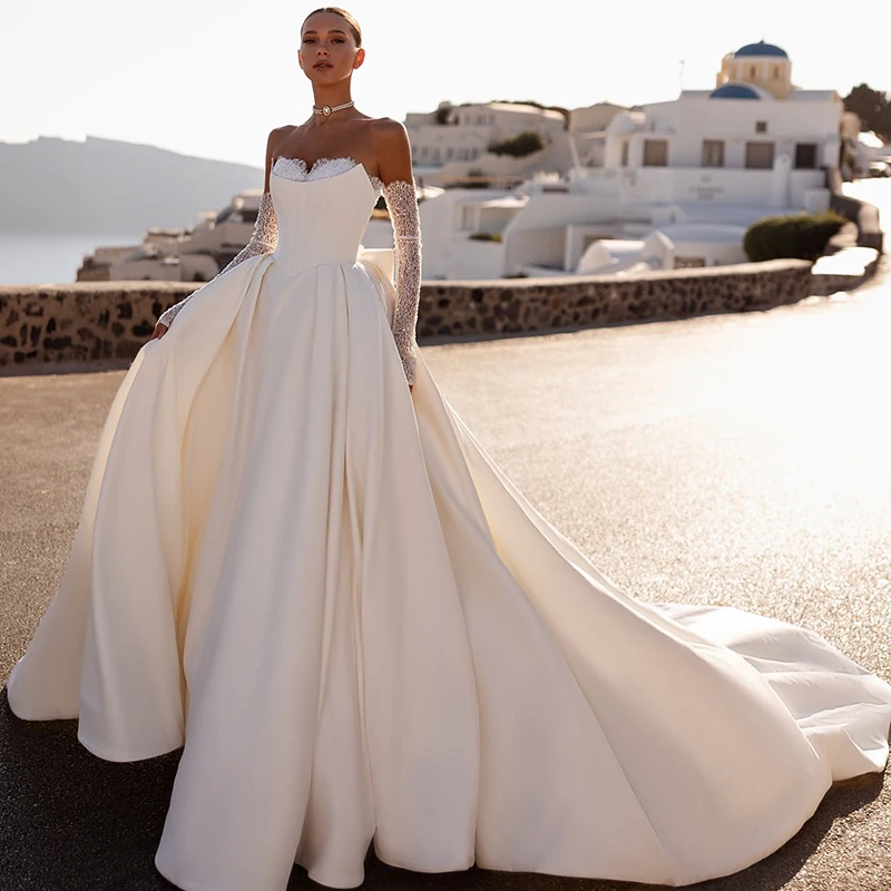 Eightree Maßgeschneiderte Spitze für Schatz Langarm A-Linie Satin Rock Hochzeitskleid rückenfreie Reißverschluss Brautkleider Robe de Mariée