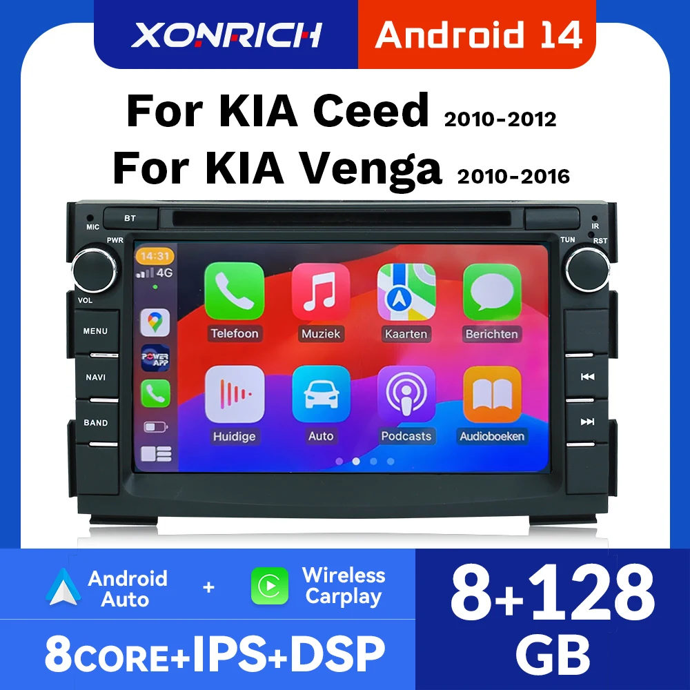 Drahtlose Carplay Auto Radio Player Für Kia Ceed 2010 2011 2012 Venga Android 14 Stereo Radio Keine DVD GPS Glonass 128GB 8Core GPS