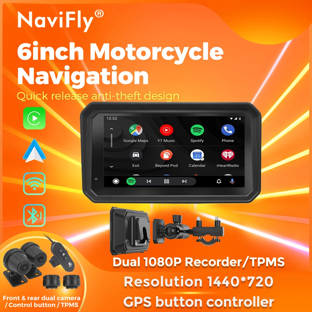 NaviFly 6 Zoll Wireless CarPlay Moto Android Auto GPS Motorrad Navigation Tragbares Motorrad-Armaturenbrett 1440 * 720 HD-Bildschirm Image