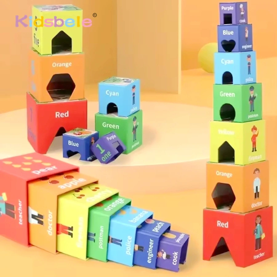 Kinder pädagogische 7-teiliges Stapel-Lernboxen, Farbnummer, Fruchtform, Verkehr, Erkenntnis, Kleinkind, Montessori-Bausteine, Spielzeug Image