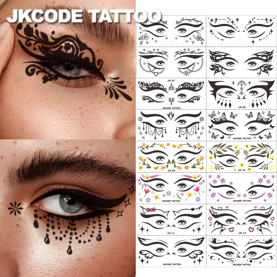 Ramadan-Party-Eye Shadow Tattoo Stickers-16 Eye Shadow Set Y2K&Ins Style Stickers-Colorful Leaves Mini Flowers & Heart-Shaped Moon Star Pattern Decorative Eyeliner Eye Shadow Stickers-Fashion Party
