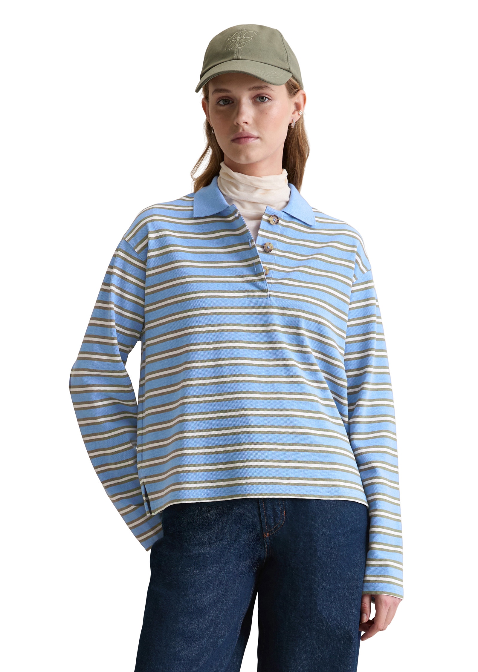 Langarm-Poloshirt MARC O'POLO DENIM "aus gestreiftem Heavy Piqué-Jersey", Damen, Gr. L, medium blau, Obermaterial: 100% Baumwolle, gestreift, relaxed fit, Shirts