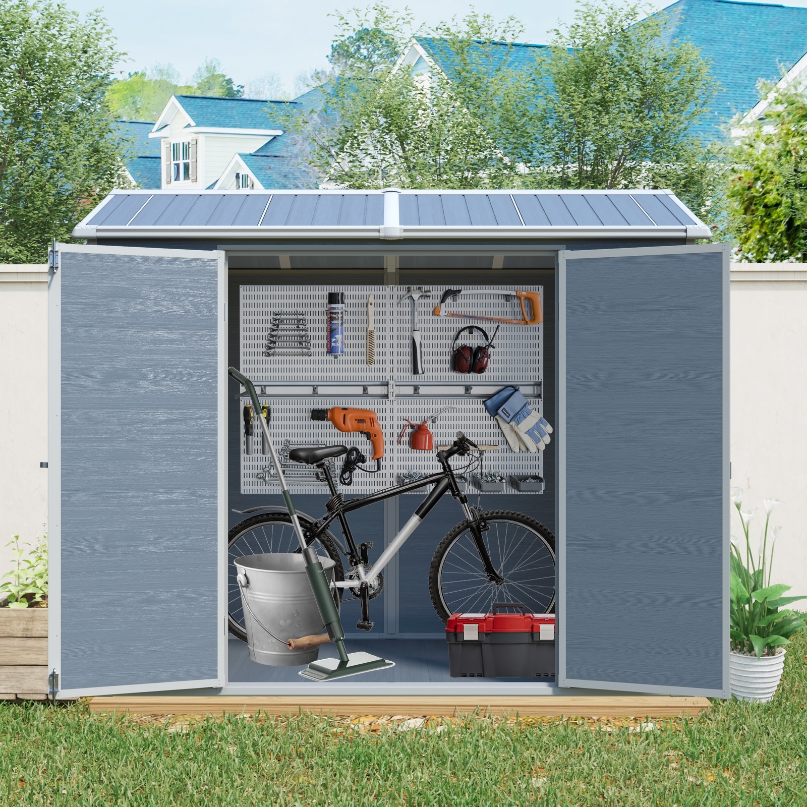 8ft x 4ft Outdoor Storage Shed – Plastic Shed with Two Windows, Double Doors & Floor for Garden, Patio, Yard & Lawn