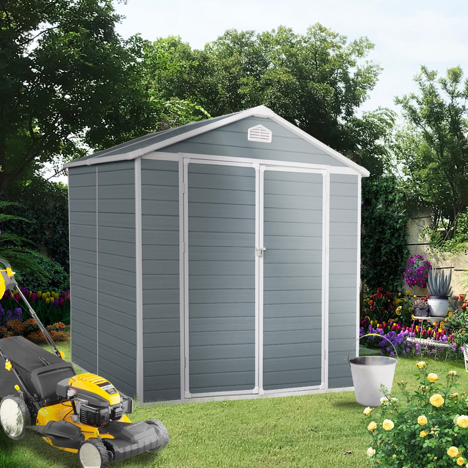 6ft x 8ft Resin Outdoor Storage Shed – Grey Plastic Garden Shed with Floor & Lockable Door - 6 ft x 8 ft