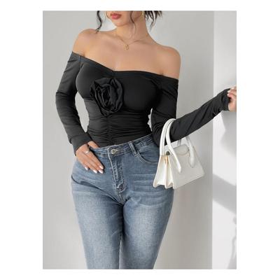Damen Perfee Raffung Blumen Off-Shoulder Langarm Bodysuit Image