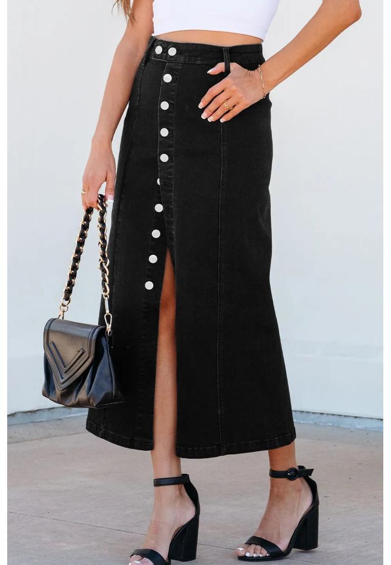 Damen Jeans-Midirock mit Knopfverschluss und seitlichem Schlitz Image