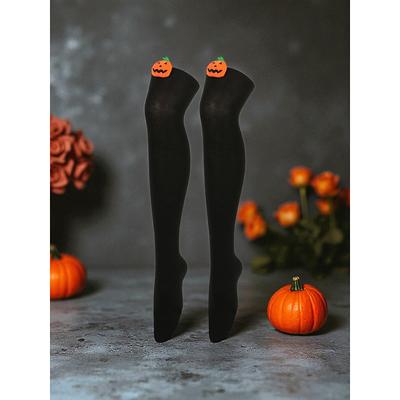 Women's Halloween Over-the-Knee Socks - Striped Cotton Long Stockings with Cute Pumpkin Decoration, Fun and Comfortable Novelty Hosiery for Costume Parties, Cosplay, and Holiday Events