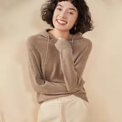 Automne et hiver nouveau pull pour femme 100% pur cachemire tricoté col à capuche pull doux couleur unie vente chaude haut pour femme