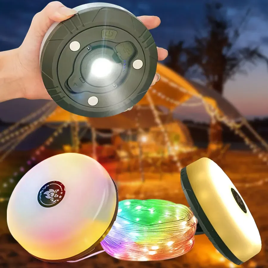LED lampe de Camping Camping chaîne lumières 10M longueur étanche LED Rechargeable lampe de poche crochet lampe 2 en 1 RGB lumière d'ambiance