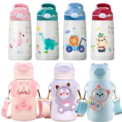 400/500ML Kids Water Bottle Cartoon Dinosaur Thermos Mug Baby Duck Billed Straw 316 Stainless Steel Vacuum Flasks Thermos Bottle