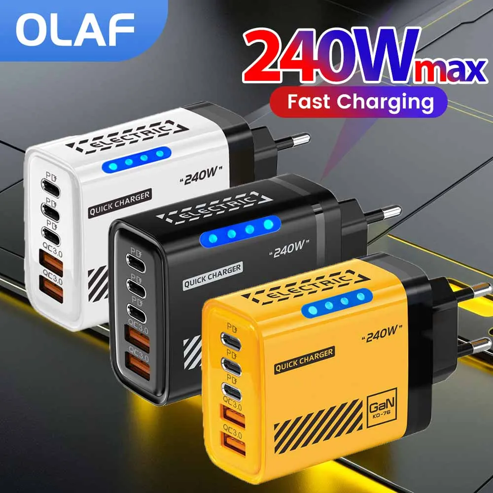 Caricatore rapido da 240 W Tipo C Carica rapida 3.0 Adattatore per caricatore da muro USB C a 5 porte per iPhone 15 16 Caricatore rapido USB Samsung Xiaomi PD