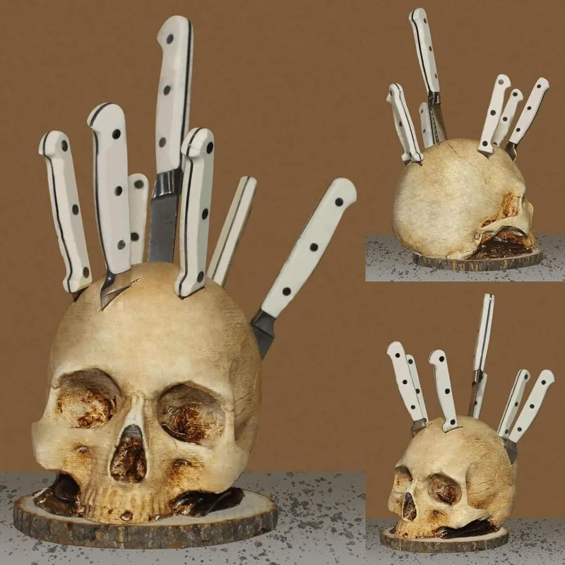 Skull Knife Holder for Kitchen Skeleton Knife Stand Horror Kitchen Storage Head Rack Kitchen Fruit Storage Rack Decoration