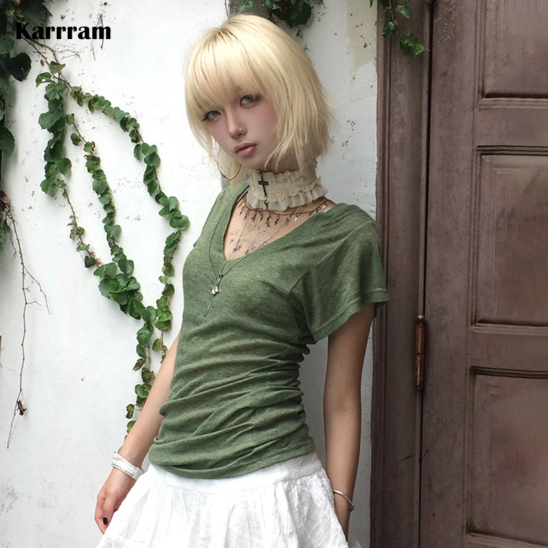Karrram Japanisches Y2k Grün Gestricktes T-Shirt Trashy 2000er Jahre Stil V-Ausschnitt Top Vintage Harajuku Kurzarm T-Shirt American Retro