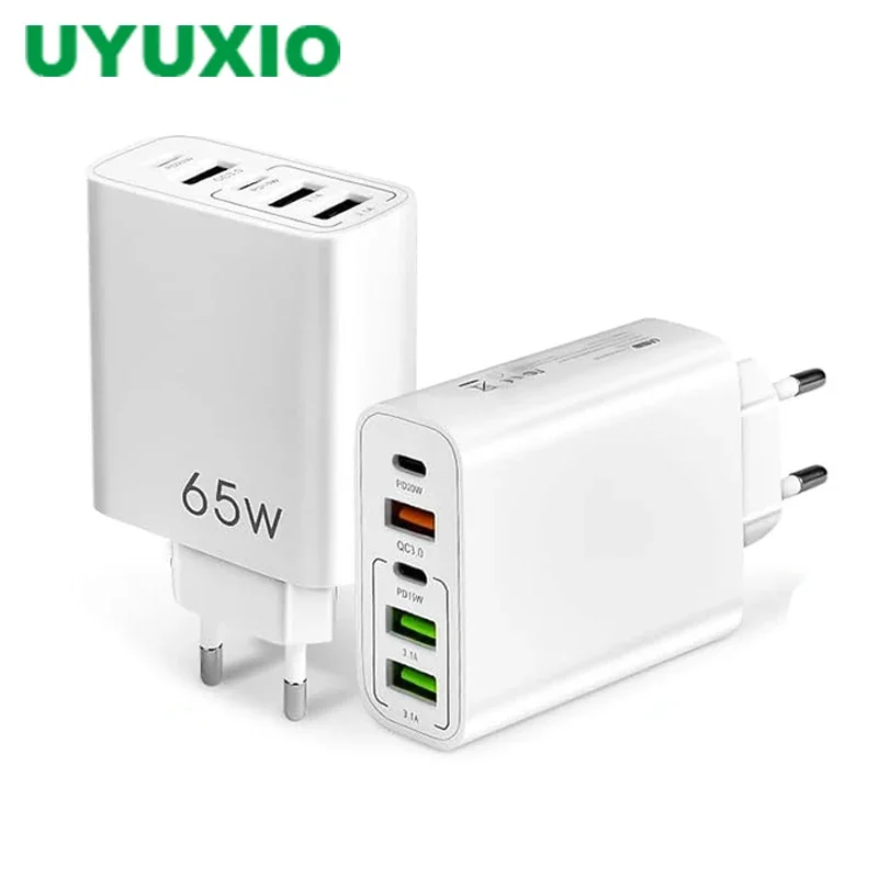 UYUXIO 65 W Schnelllade-Wandadapter, 5-in-1, Multi-Port-USB-C-Telefonladegerät für iPhone 16 15 Pro Max Plus, Samsung iPad, alle Telefone Image