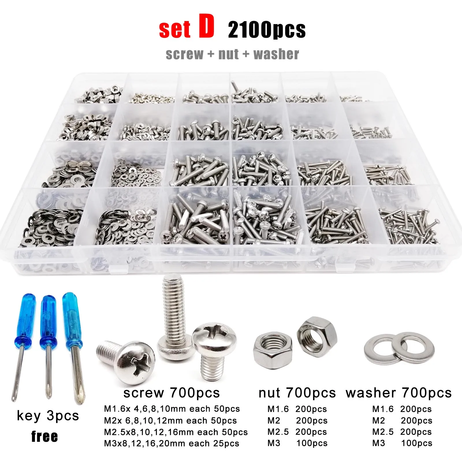 400/2100 stücke m 1, 5 m2 m 2, 5 m3 m4 m5 1,6 Edelstahl Kreuz schlitz pfanne Rund kopfs ch raube Schraube Mutter Unter leg scheibe Sortiment Set Kit Box Image